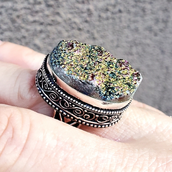 New Titanium Druzy 925 Silver Statement Ring. - Picture 9 of 12